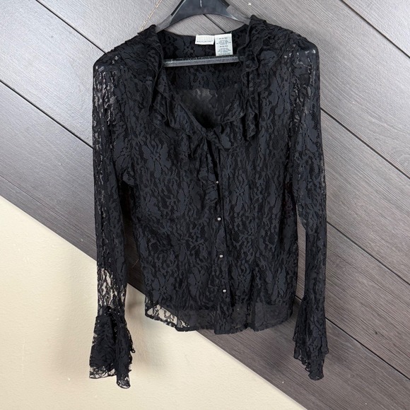 White Stag Tops - White Stag Women's Med Whimsigoth Black Lace Button Up Blouse Bell Sleeve Y2K